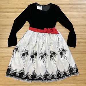 Bonnie Jean Girls Size 16 Black Velvet Flocked Red Bow Holiday Dress - Picture 1 of 7