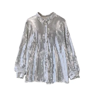 Women Glitter Sequins Shirt Dance Top Long Sleeve Blouse Silver Party Club Bar - Picture 1 of 15