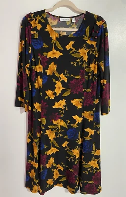 Susan Graver Dress L Black Floral Liquid Knit Tropical Cocktail Resort Office - Image 1 of 4