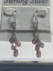 Sterling Silver 925 Crystal Purple Dangle Drop Earrings Crystal Gems - Picture 1 of 7