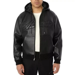 Avirex Genuine Leather Men's Hoodie Coat USA Logo Classic| Bomber Hooded Jacket - Picture 1 of 8
