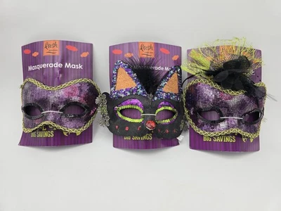 Lot Of 3 Halloween Masquerade Masks Sequin Sparkle Cat Purple Green  - Image 1 of 4