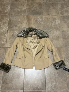 INC International Concepts Faux Fur Collar Coat Cheetah Print Size Medium Tan - Picture 1 of 3