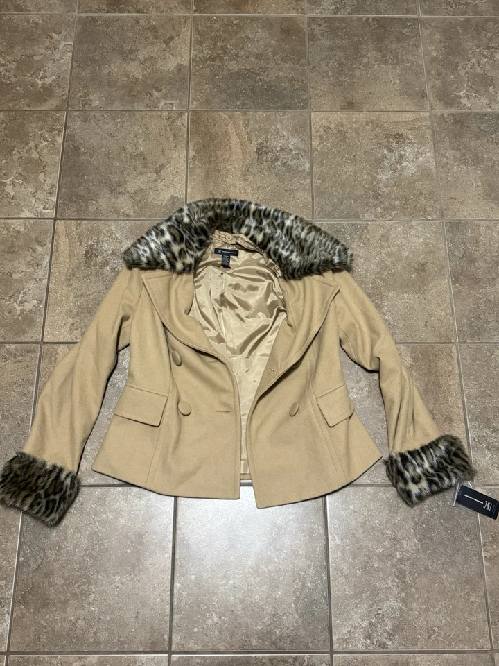 INC International Concepts Faux Fur Collar Coat Cheetah Print Size Medium Tan - Image 1 of 3