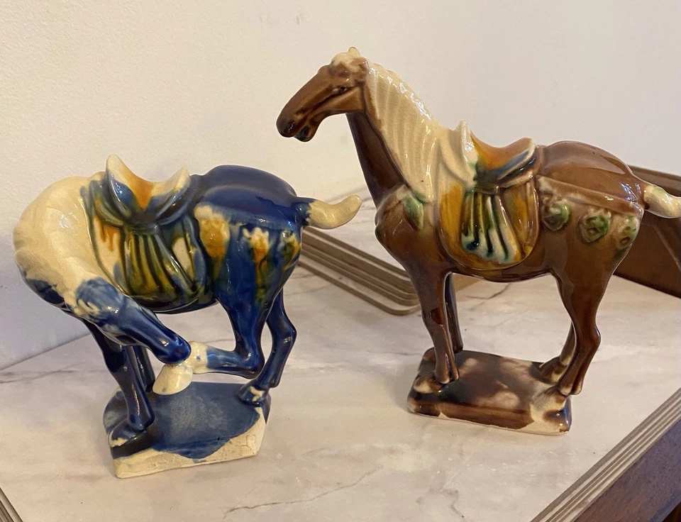 Pair Of Vintage Chinese Drip Glazed War Horses In The Tang Dynasty Style A/F - Image 1 of 1