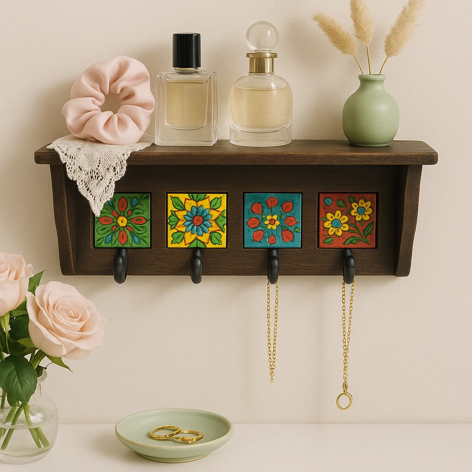 Espresso brown Wall Shelf with Ceramic Tile Inlay & Hooks – Entryway Key Holder - Image 1 of 4