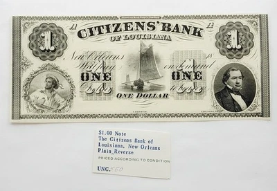 Undated $1 Citizens' Bank of Louisiana, New Orleans, Plain Reverse UNCirculated - Image 1 of 4