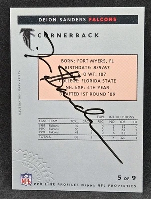1992 Pro Line Profiles 5 Stamped Certified Autograph Deion Sanders On-Card AUTO  - Image 1 of 2