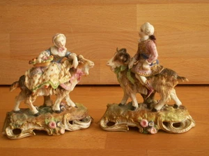 RARE TRUE MINIATURE PAIR OF JEAN GILLE BISQUE PORCLAIN FIGURES RIDING GOATS - Picture 1 of 12