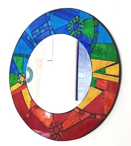 Specchio da parete rotondo in mosaico rosso blu verde, fatto a mano a Bali, 40 cm - NUOVO - Foto 1 di 6
