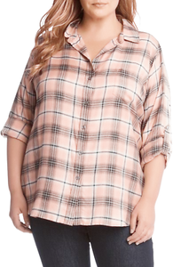 Karen Kane Pink Tartan Plaid Button Up Shirt Collared Blouse Roll Tab Sleeves 3X - Picture 1 of 5