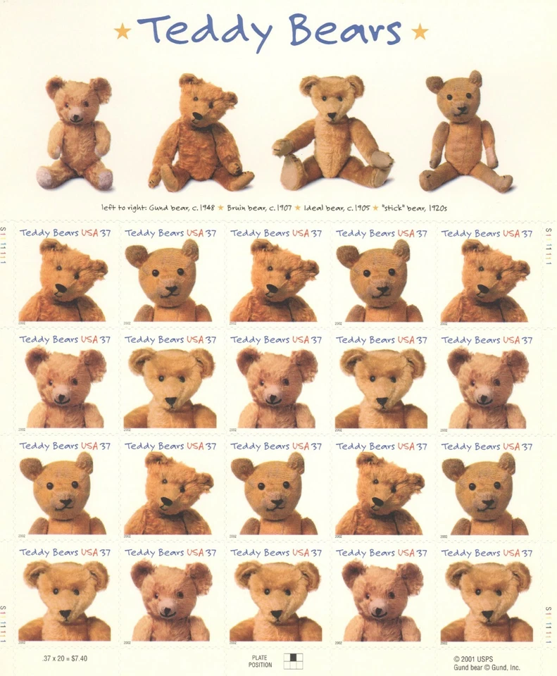 USPS Sheet of Stamps Teddy Bears Plush Stuffed Animals Antique Toy Gund Pane MNH - Image 1 of 1