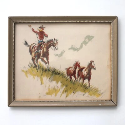 Estampado en acuarela Western Cowboy & Horses enmarcado en madera firmado Foto 1 de 3