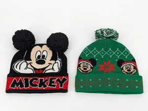 TWO Disney Mickey Toddler One Size Pom Pom Winter Beanie Hats Fair Isle Ears - Picture 1 of 12