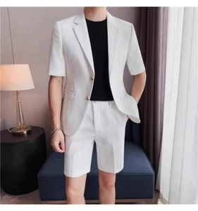 Men Casual Suit Short-sleeved Coat+shorts Business Pants Single Breasted Set 4XL - Picture 1 of 18