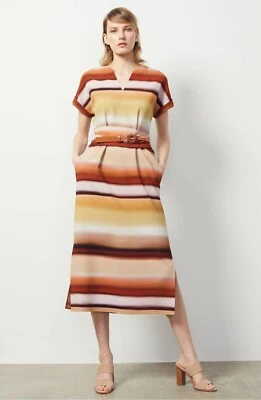 LAFAYETTE 148 Sedona Watercolor Stripe Belted Italian Crepe Midi Dress L = 12/14 - Image 1 of 4