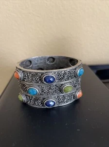 VTG~FLIGHT OF NATURAL STONES NATIVE AMERICAN HEAVY SILVER TONE CUFF BRACELET - Picture 1 of 14