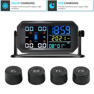 USB/Solar Car TPMS Tire Pressure Alarm Monitor System with 4 External Sensors - Picture 1 of 17
