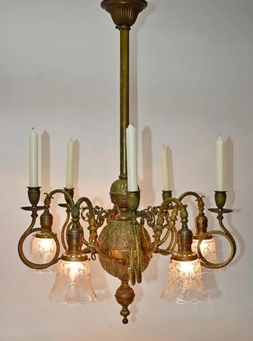 Victorian Gas & Electric Brass Chandelier, 1890's Cover