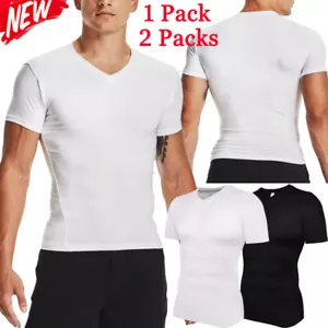 Stretch Mens V-neck Compression T-Shirt Short Sleeve Athletic Tops Quick Drying - Picture 1 of 27