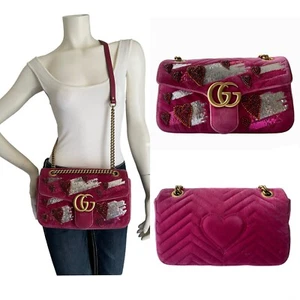 GUCCI GG Marmont Limited Edition Sequin Pink Velvet Shoulder Crossbody Flap Bag - Picture 1 of 12