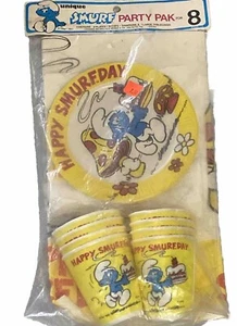 VINTAGE Smurfs Party Supplies Pack For 8 - 1980s Birthday Plates, Tablecloth NOS - Picture 1 of 14