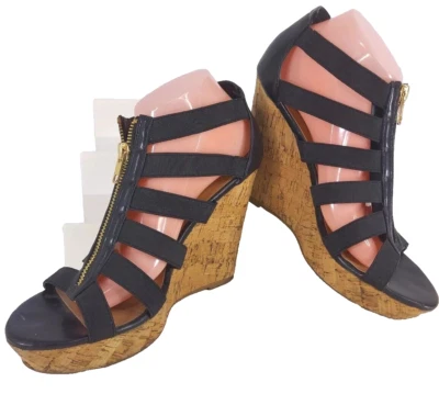 Steve Madden Cork Wedge Platform Sandals 9.5 Heels Black Zipper Strappy Y2K - Image 1 of 4