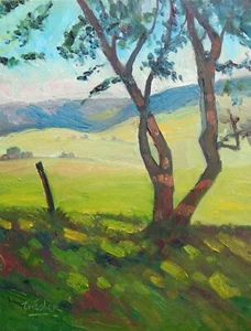 TOM FISHER  tree fence shady hills Impressionism Original Landscape Oil Painting - Picture 1 of 4