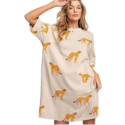 Vestido Camiseta Caballete Estampado Guepardo Mineral Lavado Talla M Mostaza De Gran Tamaño Cómodo Foto 1 de 4