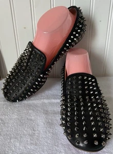 Christian Louboutin Rolling Spikes Black Leather Flat Shoes Sz.40 US 10 - Picture 1 of 11