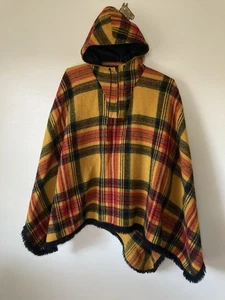 Vintage 70s Wool Hooded Zip Poncho Plaid Tartan Window Pane - Picture 1 of 10