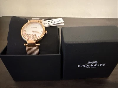 COACH CARRY ROSEGOLD TONE WATCH W/MESH BAND & C CRYSTAL ACCENTS & BOX. NEW $275. - Image 1 of 4