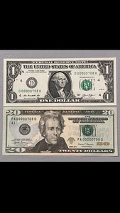 3 Digit Low Serial $1 Dollar 2013 And $20 Dollar 2017 00000708 Uncirculated - Picture 1 of 2