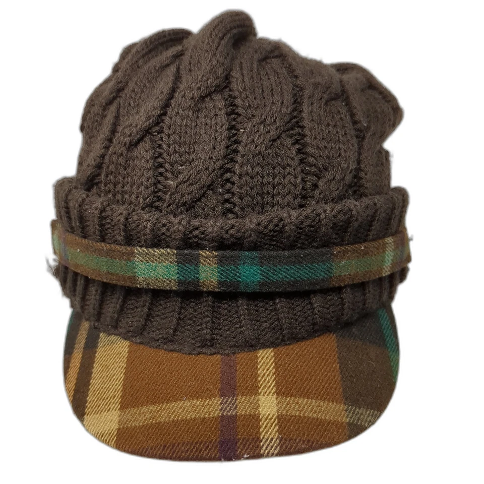 D&Y Beanie Hat Brown One Size Stretchable Cable Knit Brimmed Plaid Acrylic - Image 1 of 4