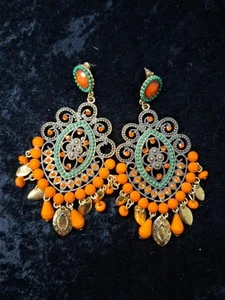 Orange Free Spirit Earrings Bold And Beautiful Gold Tone Elegant Statement Piece - Picture 1 of 12