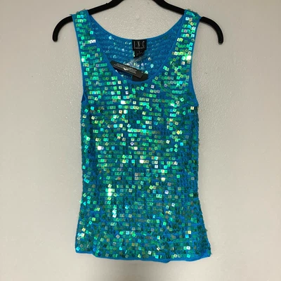 Vintage Y2K 90s INC Sequin Crochet Tank Top Blue Green Rayon Ibiza Mermaidcore - Image 1 of 4