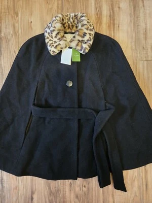 -50% DE DESCUENTO NUEVO KATE SPADE Poncho Capa Negra Encogerse de hombros Borde Leopardo Talla Única (2V) Foto 1 de 4