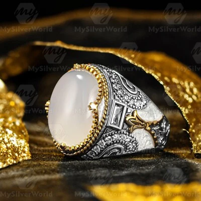 925 Sterling Silver White Agate Stone White Enameled Turkish Men's Ring - Image 1 of 3