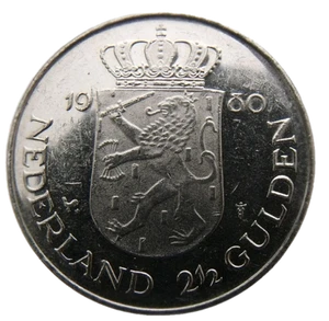 THE NETHERLANDS 2 1/2 GULDEN 1980 INVESTITURE OF NEW QUEEN BEATRIX COMMEMORATIVE - Picture 1 of 4