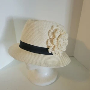 Vintage D & Y Paper Straw Fedora B&W Flower Trimmed Hat - Picture 1 of 7