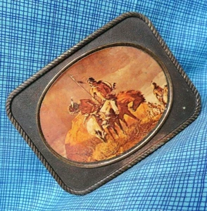 Hunting Party Belt Buckle Native American Indians Horses Vtg 80s Western .TWY675 - Picture 1 of 7