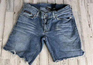 DKNY Girls Kids Denim Blue Jean Distressed Cutoff Raw Hem Fringe Shorts Size 5R - Picture 1 of 9
