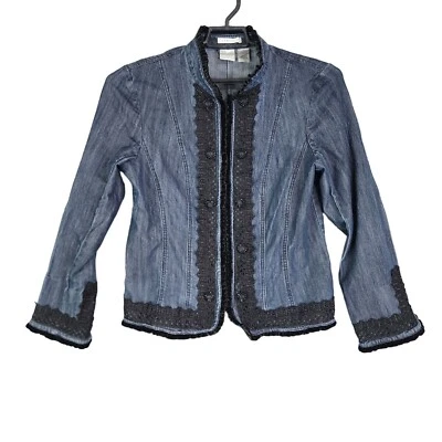 Womens Emma James Blue Denim Jacket w/ Black Lace Trim Size 10 - Image 1 of 4