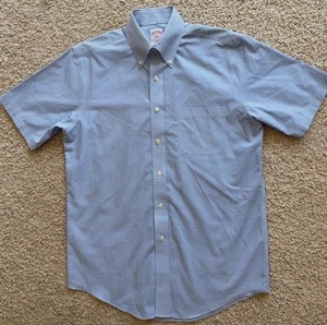 Men’s Brooks Brothers Blue Check Short Sleeve Dress Shirt Size 15 - Picture 1 of 5