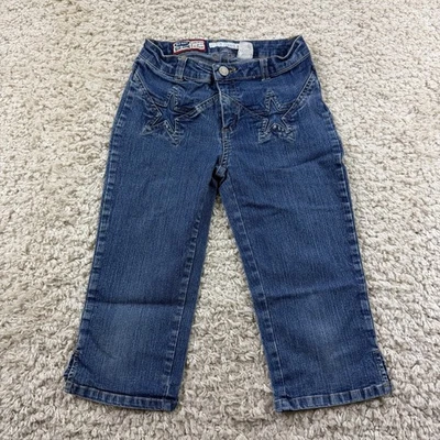 Винтажные джинсы 90-х старые темно-синие эластичные молодежные для девочек размер 7 джинсовая ткань капри звезды  - Изображение 1 из 4
