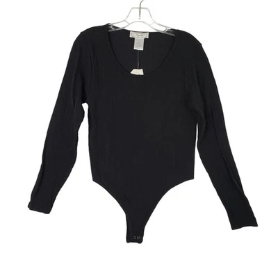 Hippie Rose Black Ribbed Long Sleeve Scoop Neck Thong Bodysuit Womens XL - Image 1 of 4