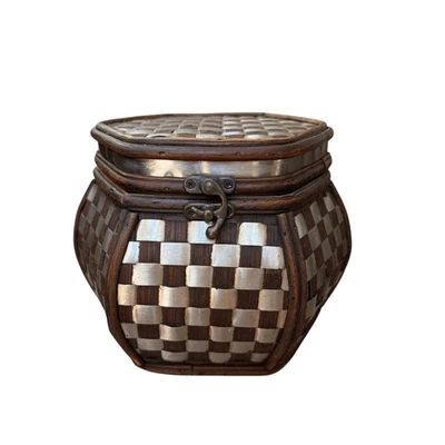 Vintage Bamboo Metal Inlay Decorative Storage Box  Handcrafted Hexagon Trinket - Image 1 of 4