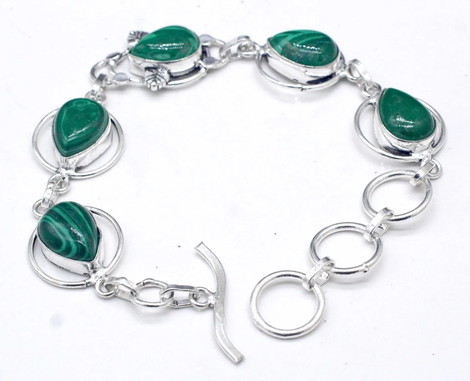 Brazalete de joyería de plata de ley 925 hecho a mano con piedras preciosas de malaquita verde tamaño-7-8" Foto 1 de 3