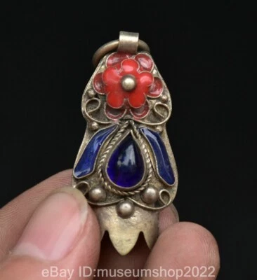 Colgante Flor Dinastía Piedras Preciosas Púrpura Incrustación Cloisonne Plata Antigua China 1.4" Foto 1 de 4