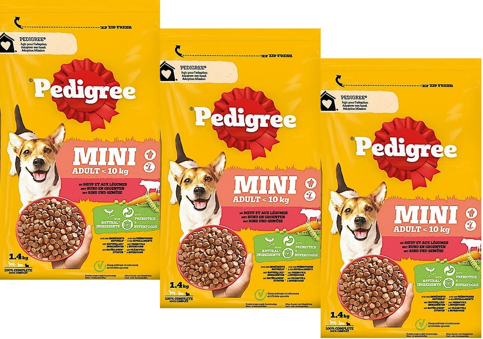 3 x 1,4 kg Pedigree Adult Mini mit Rind + Gemüse (€6,58/kg) Hundefutter trocken - Bild 1 von 1